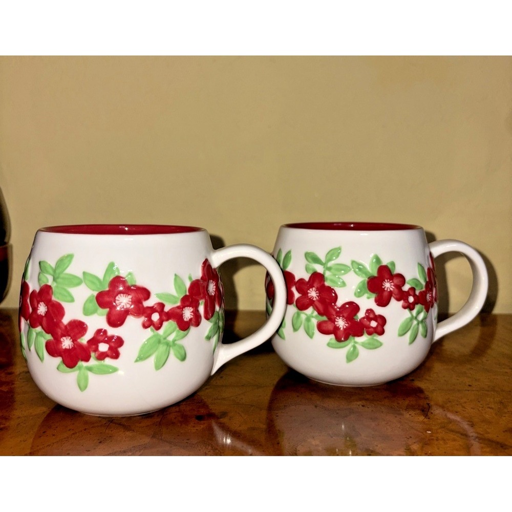 New‎ Lot 2 STARBUCKS 2007 Ceramic Floral Raised Red Flowers Coffee Cup Mug 12 oz